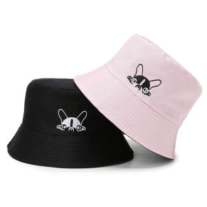 Classic Style Double-sided Bucket Hats For Women Dog Embroidered Couple Hat Sunshade Basin Caps For Girls