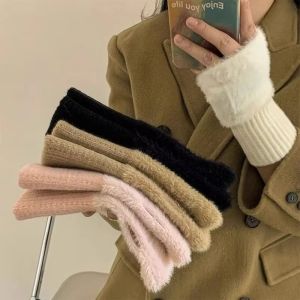 LINHU Solid Colors Half Finger Gloves Fleece Soft Plush Knitted Gloves Luxury Fingerless Gloves Autumn Winter
