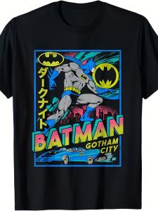 MenS DC Comics Batman Gotham City Graphic T-Shirt - Oversized 1XL-5XL Loose Fit Short Sleeve Tee with Vibrant Neon Gotham Design Batman Logo & Bat-Symbol Print Plus Size