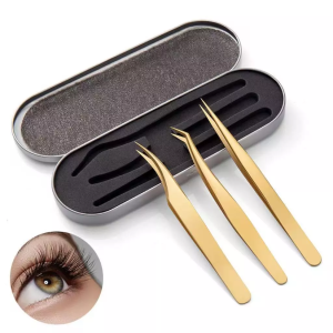 3Pcs/Box Eyelash Extension Tweezers Stainless Steel Titanium Gold/Curved Straight Makeup Precision Forceps