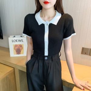 Polo Collar Knitted Blouse Womens Summer Ice Silk All-match Retro Short-sleeved T-shirt