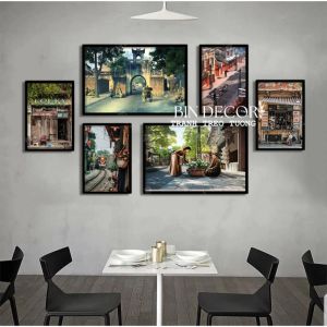 (HÌNH THẬT) Tranh treo tường hà nội 11 trang trí decor quán nhà hàng có khung kèm đinh