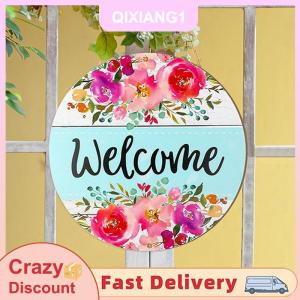QIXIANG1 Hoa Gỗ treo dấu hiệu chào mừng màu nước hoa dấu hiệu cửa 11.8 x 11.8 Vòng tròn trang trại mộc mạc cửa trước dấu hiệu móc áo