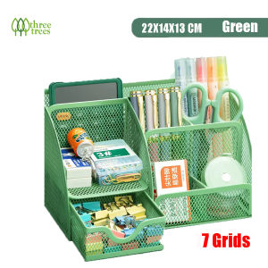 threetrees Desk Organizer Mesh Desktop Office Supplies Multi-functional Caddy Pen Holder Stationery with 6 Compartments and 1 Drawer for Home School Classroom