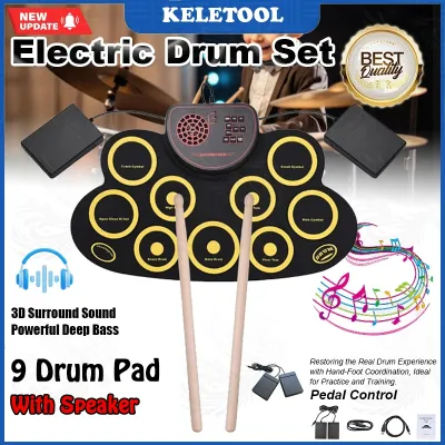 Portable USB Drum Kit Digital Drum Set 9 Silicon Drum Pads with Drumsticks Foot Pedals For Beginners