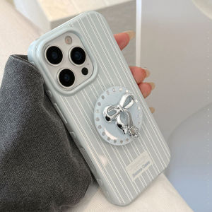 3D Bow Bracket Blue Stripe Soft Case for iPhone 12 13 14 15 16 17 Pro Max Casing Anti-fall Cover for iPhone 15 Pro Max Case