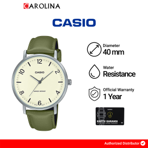 Jam Tangan Pria Casio Simple MTP-VT03L-7B Beige Dial Green Leather Band
