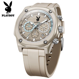 PLAYBOY Watch Men Original Waterproof Brand Fashion Sports Mens Watch Silicone Chronograph Calendar Quartz Jam Tanggan Lelaki 3060