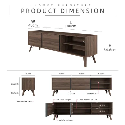 KitchenZ 6FT Kinsley Series Tv Cabinet Tv Console Rak Tv Kabinet Tv Almari Tv Wooden Leg-HMZ-FN-TC-K0164-GY