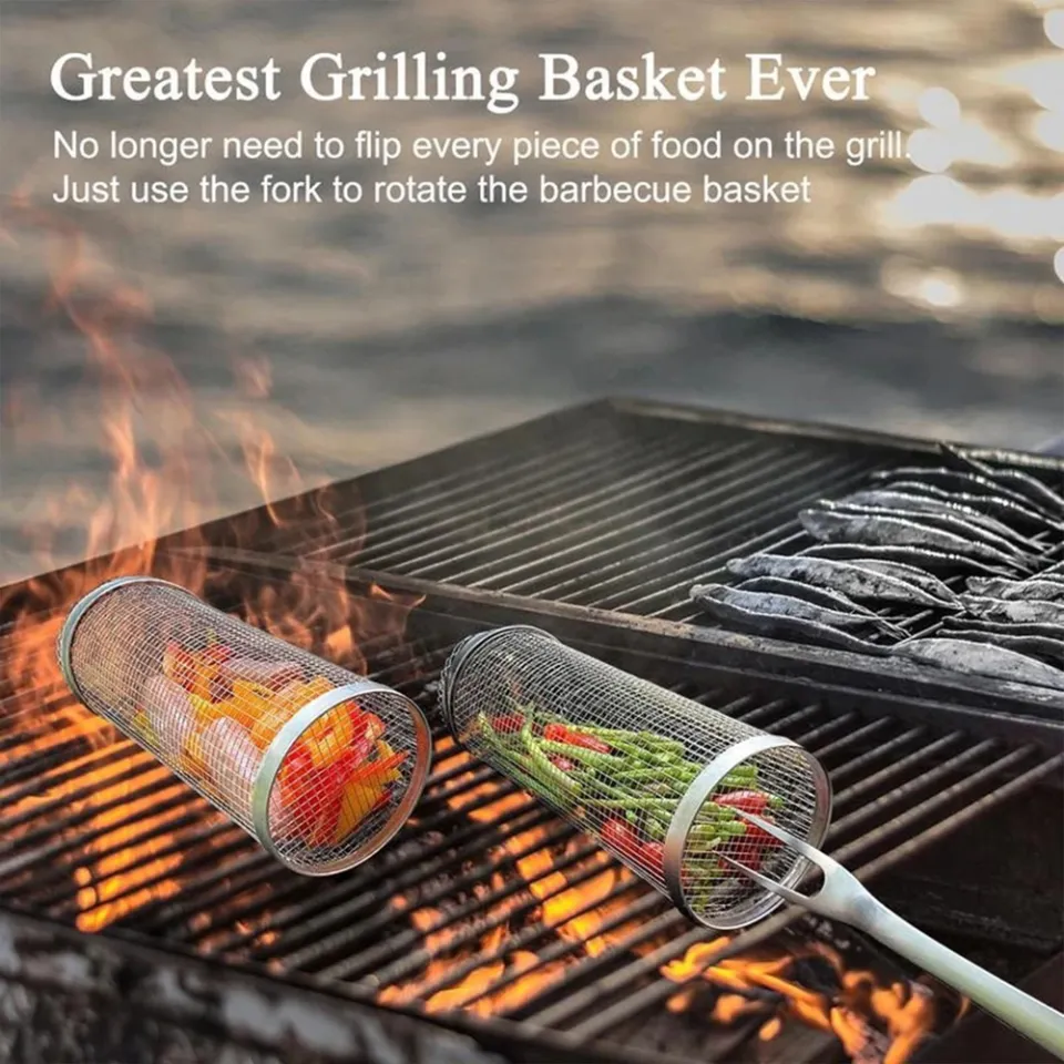 Kitchenette Rolling Grill Basket Stainless Steel Rolling Cylinder BBQ  Basket Portable Round Outdoor Camping Grill Vegetables French Fries, Fish 