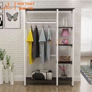 VNH-507 Kệ treo giá treo quần áo kèm kệ để đồ khung sắt mặt gỗ bền chắc đa năng tiện lợi