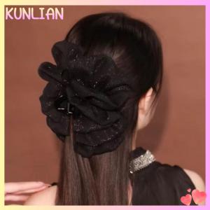 [KUNLIAN] Fashion Women Seersucker Clip Black Bowknot Hair Grab Hair Bow Shark Clip Mesh Bubble Grabber Girl Headwear