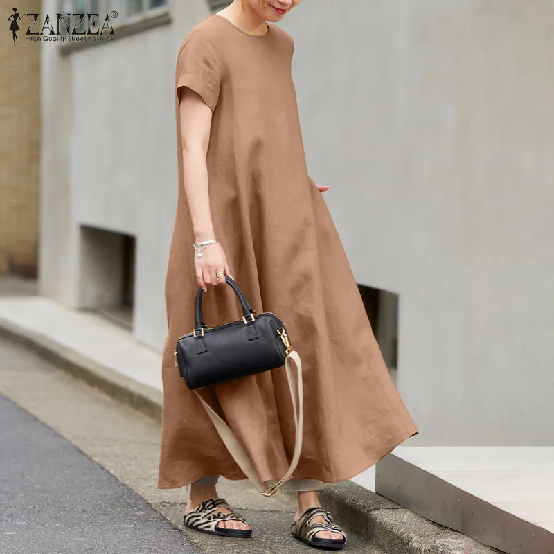 ZANZEA Korean Style Womens Cotton Linen Short Sleeve Plain