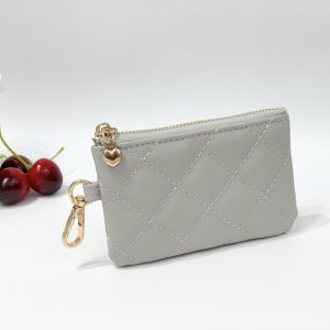 Genuine Quilted Plaid Leather Mini Coin Purse Keychain Wallet