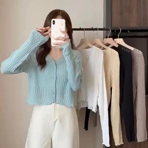 Shipped from China [BIN] White Long Sleeve Sun Protection Cardigan Slim Fit Short Outerwear Thin Ruffled Edge V Collar Sweater Women