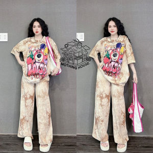 Tie-Dye Fashion Suit Loose Cartoon Print Short-Sleeved Wide-Leg Pants Casual Two-Piece Suit 2212