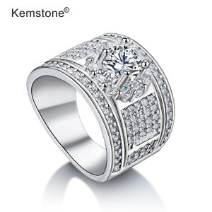 Kemstone Cá Nhân Nam Nhẫn Sang Trọng Mạ Bạch Kim Micro-Inlay Nhẫn Đá Cubic Zirconia