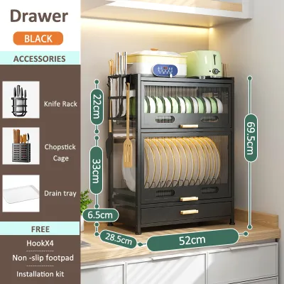 GSlife 3-Tier Kitchen Dish Cabinet Dustproof Insect-proof Multifunctional Countertop Organizer Kitchen Storage Cabinet