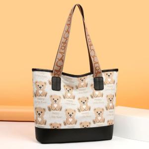 Womens Canvas Print Bear Bag Fashion Versatile Student Shoulder Bag Large Capacity Tote Bag Cloth Zipper Travel Bags