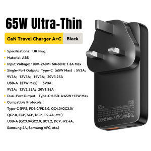 Essager 65W GaN Charger Ultra-Slim Travel Charger 1TypeC1USBA Multi-Device Fast Charging Multiple Protocols Safety Protection