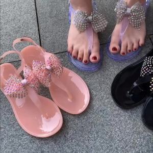 [Free Shipping] Summer Multi-Colored Rhinestone Bow Sandals For Women Outdoor White PVC Beach Sandals