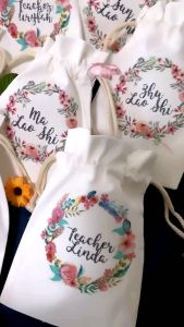 Personalised Floral Wreath Drawstring Pouch Customised Christmas Farewell Bridesmaids Gift