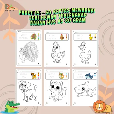 Paket 15 - 50 Kertas Mewarnai Seri Hewan Terlengkap | Bahan HVS A5 80 Gram