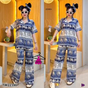 set 3 ชิ้น เสื้อเชิ้ตลายช้าง + กางเกงช้างขายาวกับสายผูกโบว์ TT22390