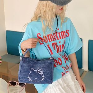 QIWANBA19 Embroidery Kitty Cat Crossbody Bag Cartoon Korean Style Denim Hobo Bag Lovely Large Capacity Kt Shoulder Bag Travel
