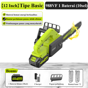ZPER Chainsaw 12 Inch Cordless Gergaji Pemotong Kayu Gergaji Listrik 2 Baterai Gergaji Mesin Lithium