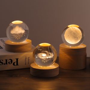 Birthday Gift 3D Night Lamp Crystal Ball Night Lamp USB Table Light with Wooden Base  Home Decor