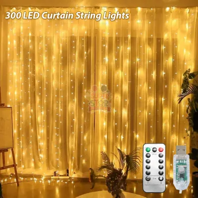 3M 300 LED Window Curtain Light USB Plug In LED String Lights Waterproof Fairy Light 8 Modes Remote Control Hanging Curtain String Lights For Indoor Outdoor Wedding Christmas Party Decorations 9.8 X 9.8Ft