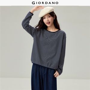 GIORDANO Women T-Shirts 100% Cotton Striped Tee Boat Neck Drop Shoulder Long Sleeve Fashionable Casual Loose T-Shirts 13326621