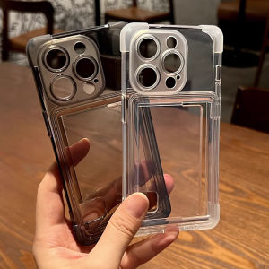 เคสโทรศัพท์สล็อตกระเป๋าใส่บัตรแบบโปร่งใสกรอบเคลือบอิเล็กโทรเพลทสำหรับ iPhone 16 15 14 13 12 11 Pro Max บวกสี่มุมหนาเคสกันกระแทกมือถือฝาหลังโทรศัพท์ใส