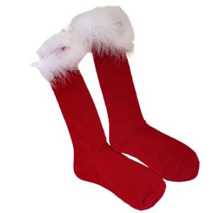 Womens Christmas New Year Cotton Red Knee High Socks with Faux Fur Feather Trim Patchwork Bright Solid Color Holiday Party Mid Tube Stockings