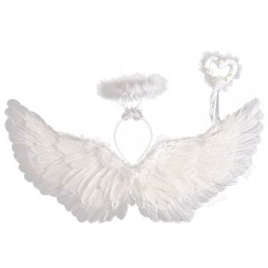 3Pcs/Set White Angel Feather Wings with Headband and Fairy Wand for Kids Angel Costume