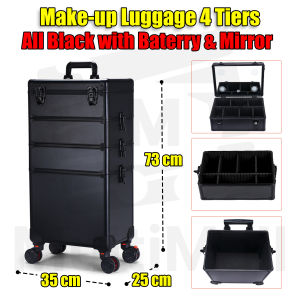 Make Up Luggage 4 Tiers - Black with Battery and Mirror | Make up Organiser Bag Cosmetics Technician Train Box Professional 3 in 1| Make Up Organiser| Luggage| Make Up Organiser| Make Up Storage Box| Make Up Storage