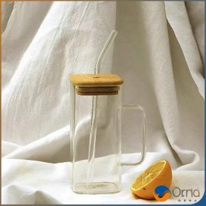 Orna แก้วทรงสี่เหลี่ยม พร้อมฝาปิด และ หลอดดูด ถ้วยน้ำผลไม้  400ml Glass coffee cup