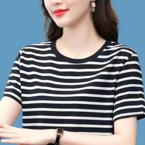 6 color Blouse for Womens Loose and Versatile Short Sleeved Striped Round Neck Mom