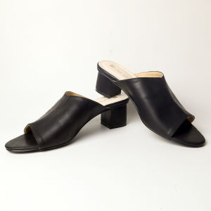BIG SIZE 41 42 43 44 45 Sandal Heel Selop Kulit Wanita Full Black Hak tinggi 5cm Elegant