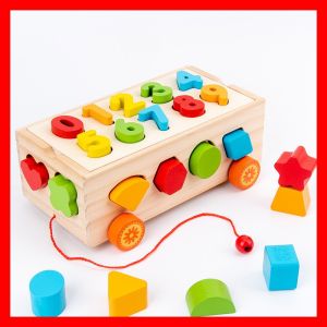 Đồ chơi xe kéo thả hình khối học số gỗ an toàn đồ chơi xe thả số hình thông minh giáo dục cho bé
