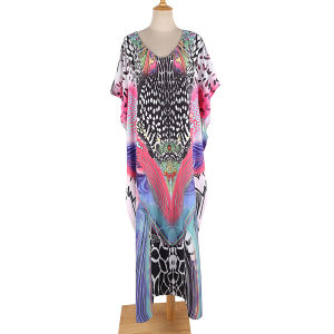 New Fashion Printing Bikini Cover Up Bohemian Beach Dress Kaftan Plus Size Short Sleeve Maxi Dress Beach Tunics