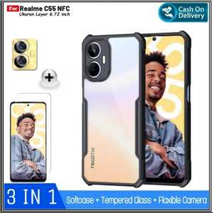 Paket 3in1 Soft Case REALME C55 NFC REALME C21 Soft Hard Casing Fusion Crack Shockprooft Tpu HD Transparent Acrylic Bening Premium Executive Exellent Quality Cover Free Tempered Glass Layar Dan Camera Bonus Pengiriman Cepat