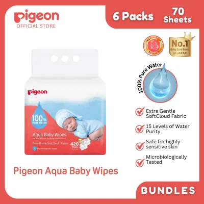 Pigeon Official - 100% Pure Water Baby Wipes 70 Sheets [6in1 Flip Top] Refreshed SoftCloud Fabric Water-Based Wet Wipes No Fragrance No Paraben Japan No. 1 Brand