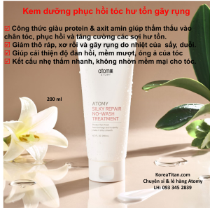 Kem dưỡng cung cấp Protein phục hồi tóc hư tổn gãy rụng và bảo vệ tóc dưới nhiệt độ cao mà không cần xả 200ml - Atomy Silky Repair no wash treatment 200ml- 애터미 실키 리페어 노워시 트리트먼트
