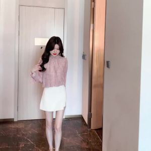 Ammin 2024 mùa xuân dài tay Đàn Hồi Lacework Round-Cổ Áo voan Cho Phụ Nữ phong cách Hàn Quốc Ngọt Ngào Tất Cả Các Phù Hợp Lỏng Giảm Béo áo cánh in họa tiết tay áo phồng