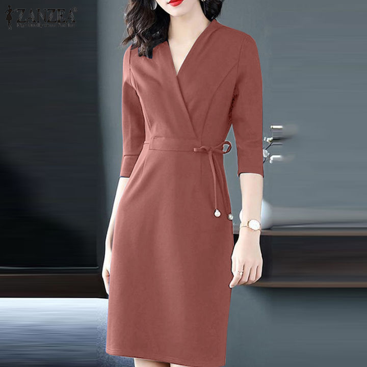 Zanzea Korean Style Womens Dresses Formal Office 34 Sleeve V Neck Solid Collect Waist Dress 9558