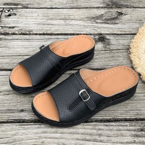 [Free Shipping] Plus-Size Wedge Sandals WomenS Summer New Style Fashionable And Lightweight Slip-On Sandals With Buckle Details