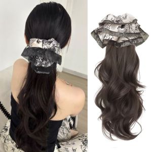 BMFUEW Chinese Style Claw Clip Wavy Ponytail Elegant Synthetic Long Curly Ponytail Hairpiece Hair Accessories Fake Ink Painting Floral Print Scrunchie Wig for Women