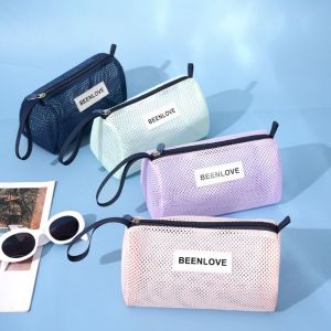 AUTOCARE X Mesh Cosmetics Storage Bag Zipper Large Capacity Travel Beach Bag Solid Color Toiletries Handbag